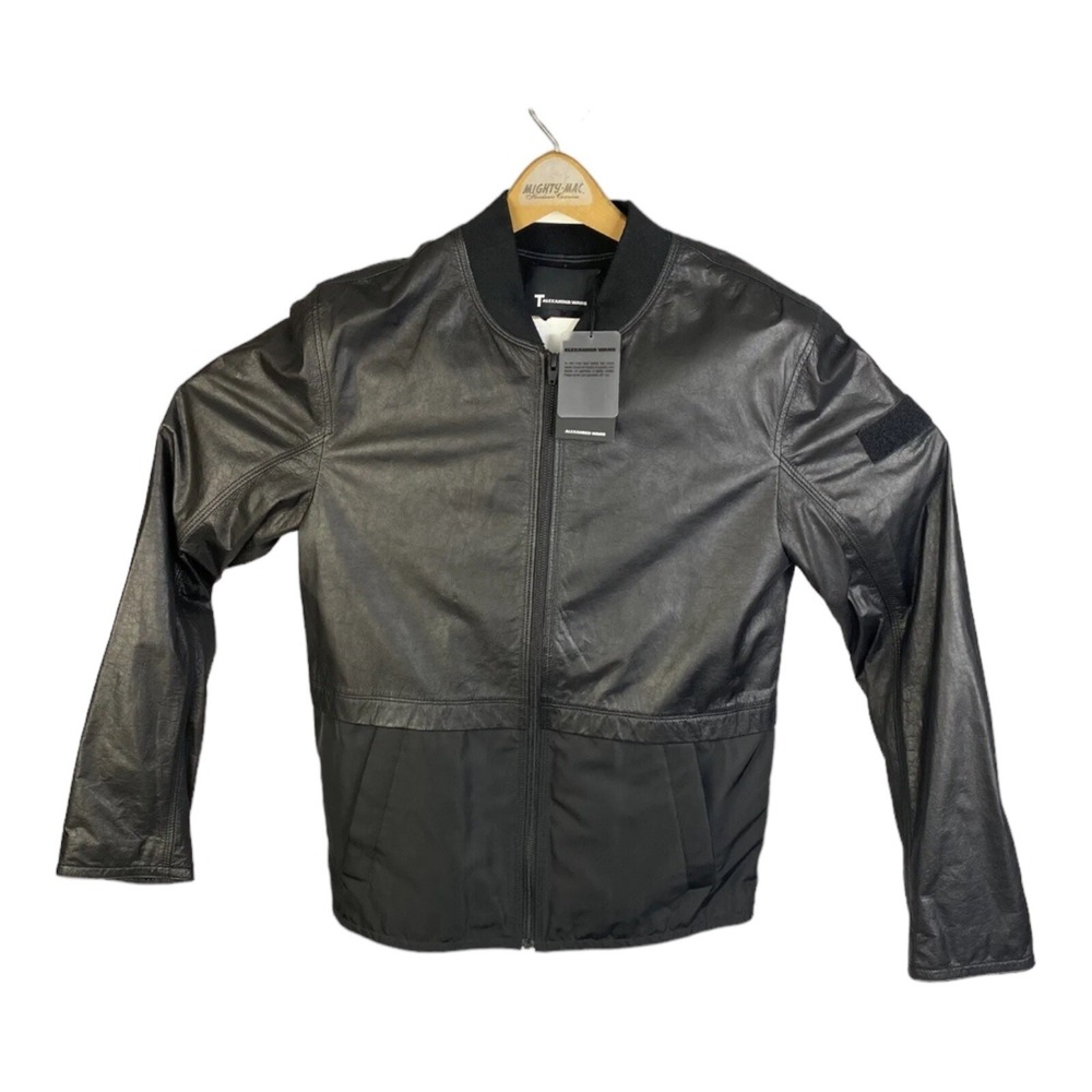 NWT T Alexander Wang Black Lambskin Leather Polyester Full Zip‎ Bomber Jacket S
